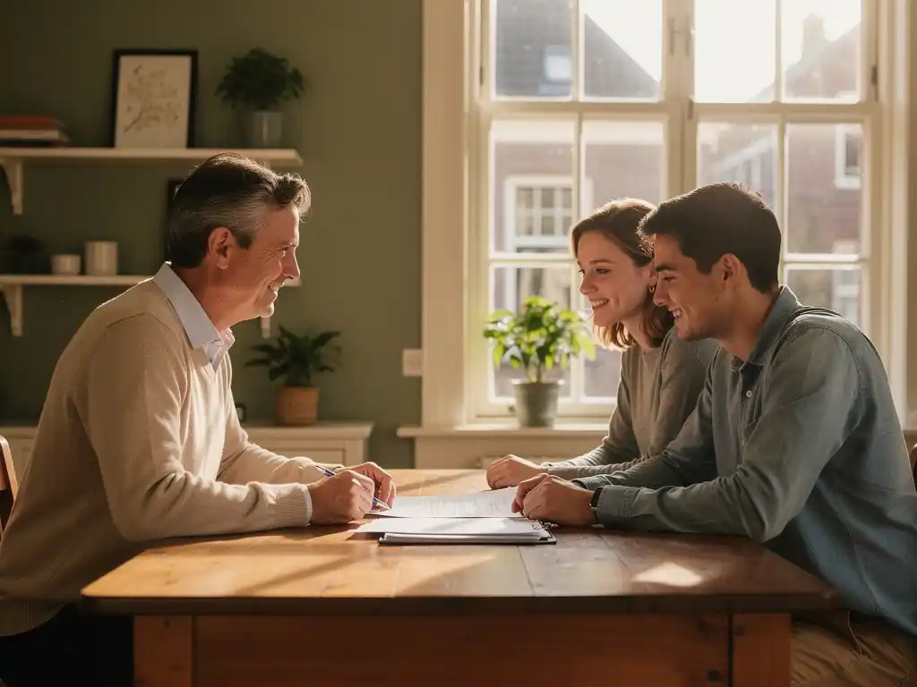 Hypotheekadviseur bespreekt documenten met jong stel aan houten bureau in gezellig Nederlands interieur.