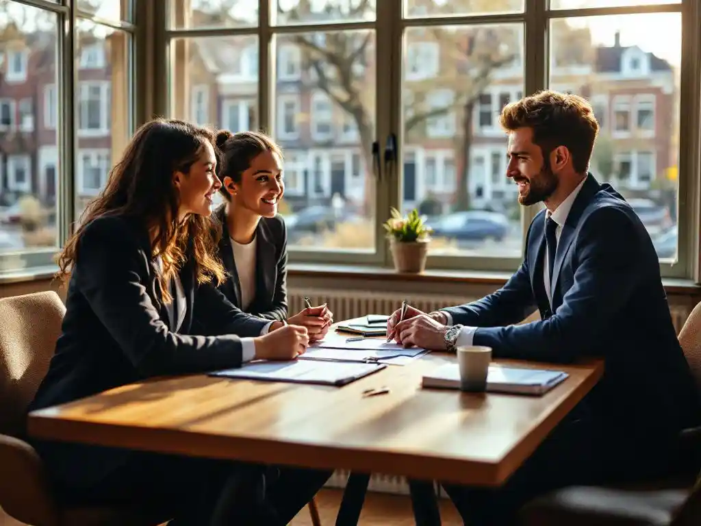 Hypotheekadviseur in marineblauw pak bespreekt documenten met jong stel aan houten bureau, huissleutels zichtbaar, Amsterdamse grachtenhuizen op achtergrond