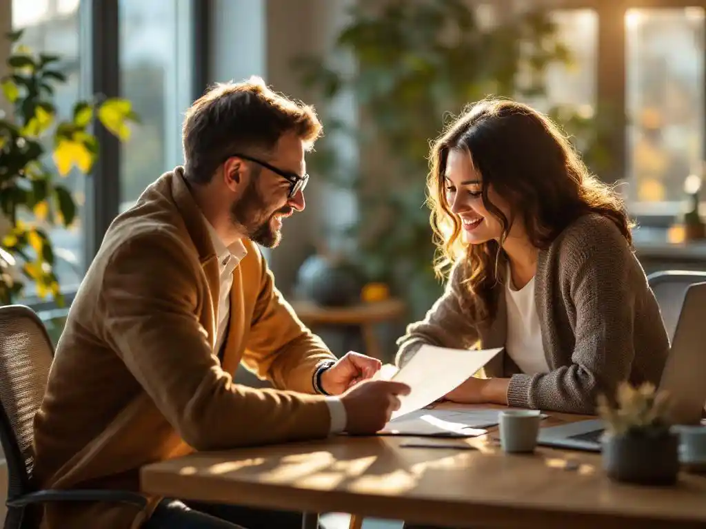 Jonge stel bespreekt hypotheekdocumenten met adviseur aan houten bureau, huissleutels zichtbaar in lichte moderne kantoorruimte