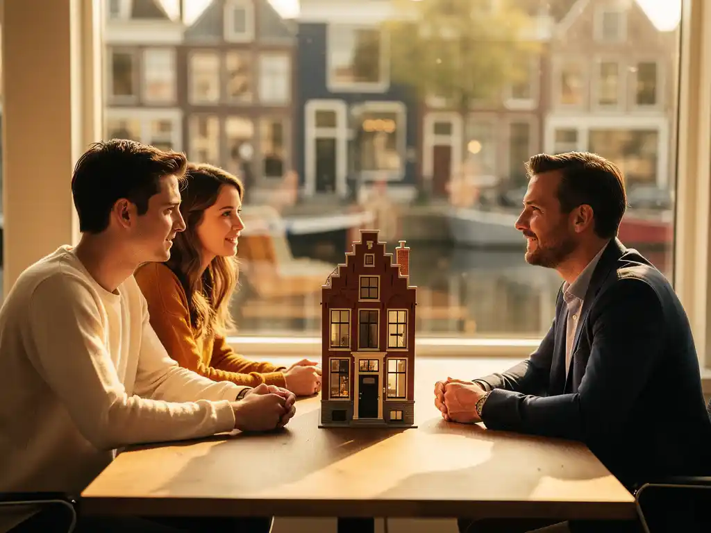 Hypotheekadviseur bespreekt woningaankoop met jong stel aan houten bureau, schaalmodel Hollands grachtenpand, Alphen aan den Rijn op achtergrond.