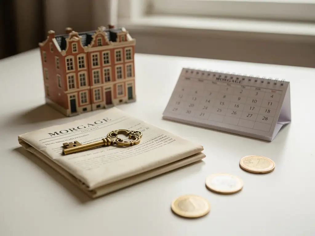 Messing sleuteltje op hypotheekdocument naast miniatuur Hollands grachtenpand, kalender en euromunten op wit bureau.