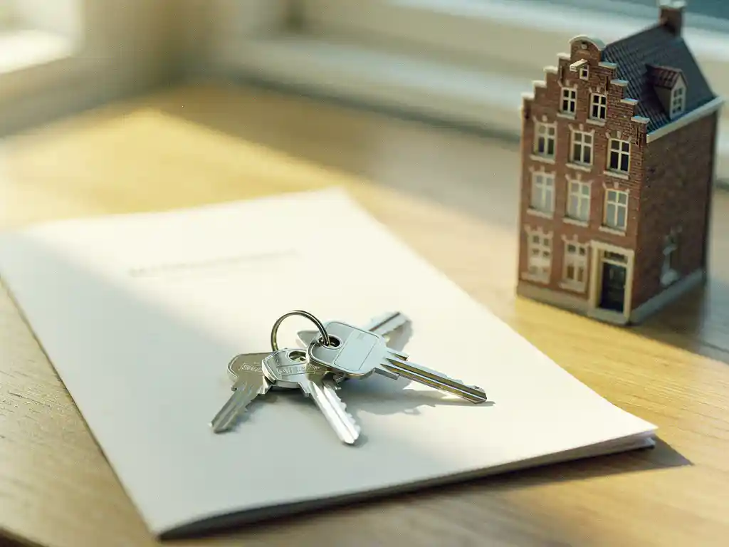 Glanzende huissleutels op een witte hypotheekmapje naast een miniatuur Hollands grachtenpand op een licht eiken bureau.