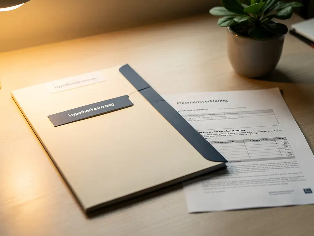 Open hypotheekdossier op bureau naast inkomensbewijs en kleine plant, verlicht door een warme leeslamp.