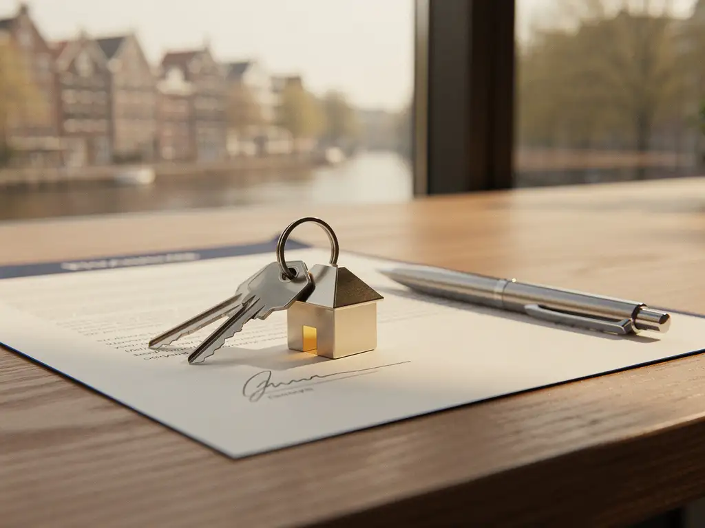 Huissleutels op een getekend hypotheekdocument op een eikenhouten bureau, met zacht middaglicht en een wazige Hollandse grachtenstad op de achtergrond.