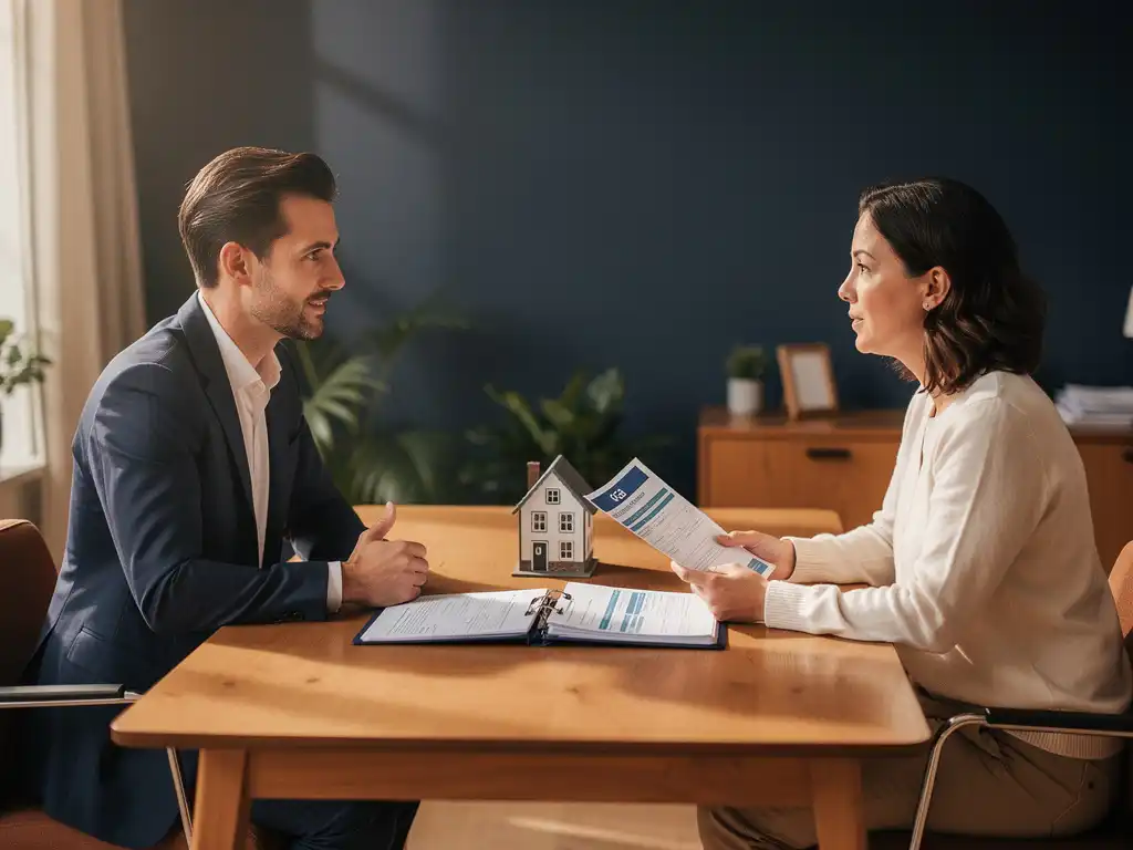 Hypotheekadviseur bespreekt PGB-budgetdocumenten met cliënt aan bureau met huismodel, warm Nederlands kantoor.