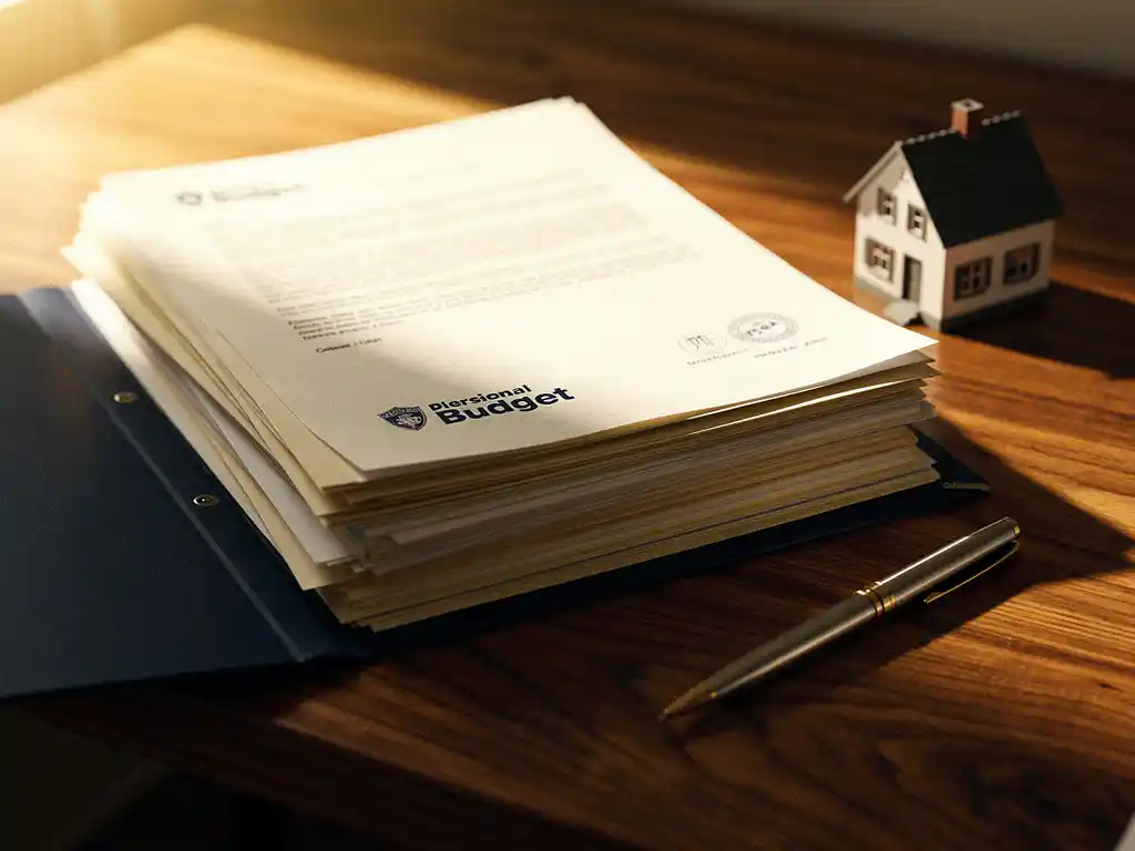 Openliggende PGB-budgetmap met officiële documenten op eikenhouten bureau, naast een huismodel en pen, in warm middaglicht.