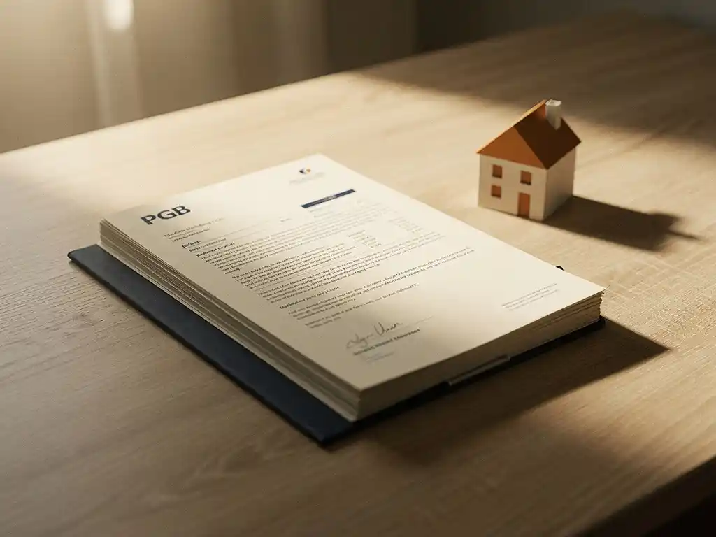 PGB-budgetmap en zorgdocumenten op houten bureau naast miniatuur huis, in warm ochtendlicht.