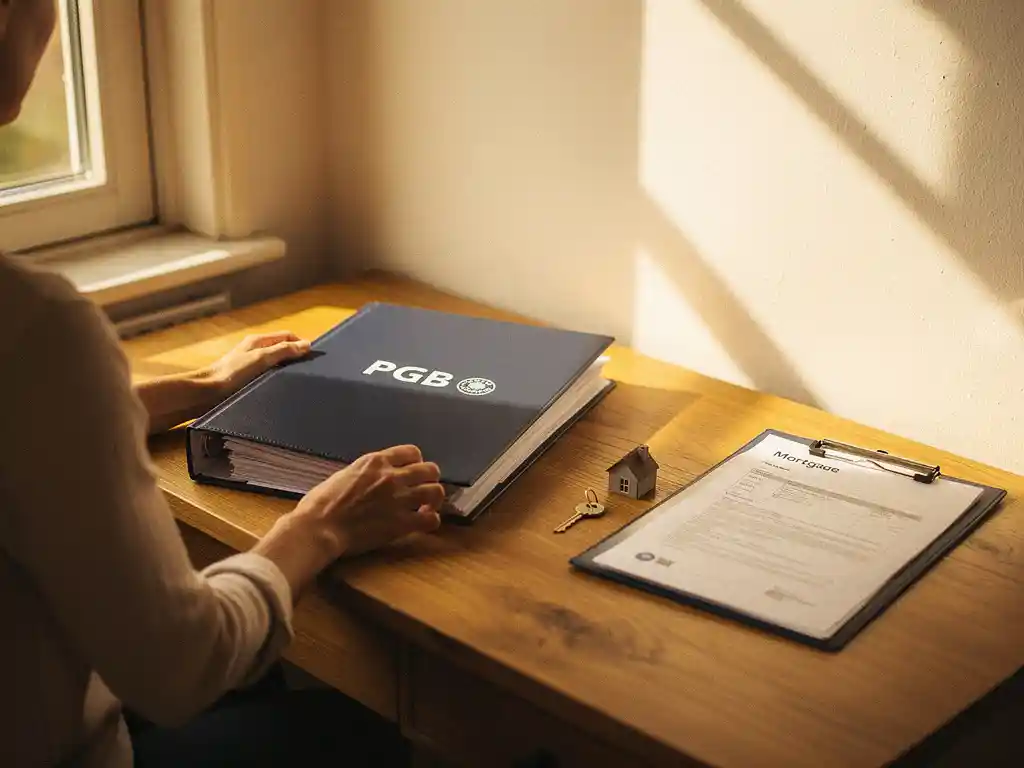 PGB-zorgbinder en huissleutel naast een hypotheekmapje op een houten bureau in warm middaglicht.
