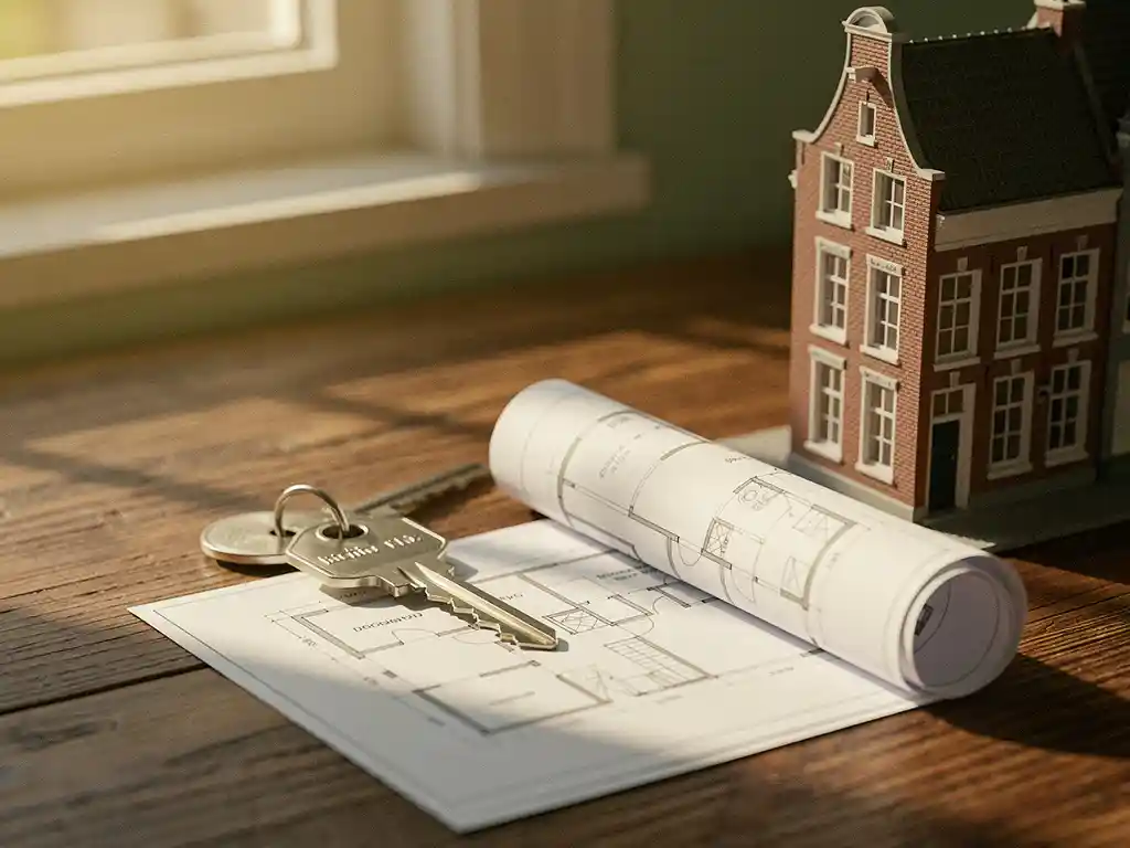 Vers gesneden huissleutel op houten ondergrond naast architecturale blauwdrukken en een miniatuur Hollands grachtenpand in warm ochtendlicht.