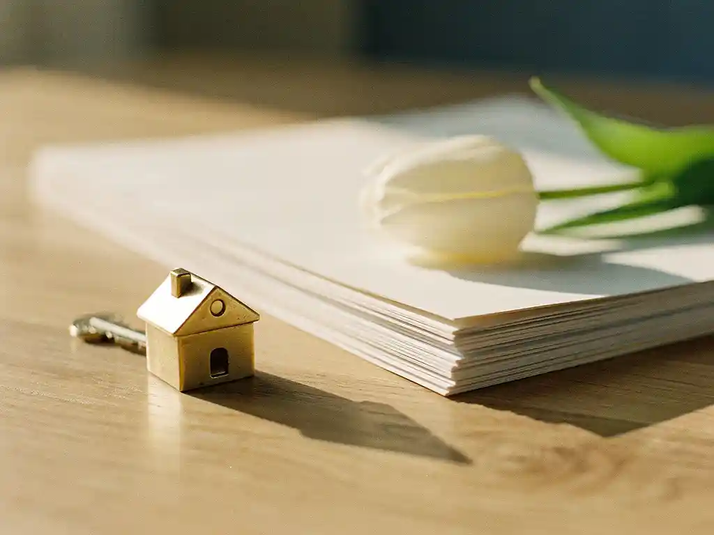 Messing huissleutel op houten tafel naast officiële documenten en witte tulp in zacht ochtendlicht.