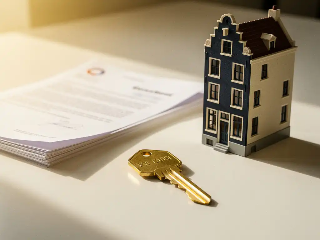 Glanzende messing huissleutel op wit bureau naast officiële documenten en miniatuur Hollandse rijtjeswoning in zacht ochtendlicht.