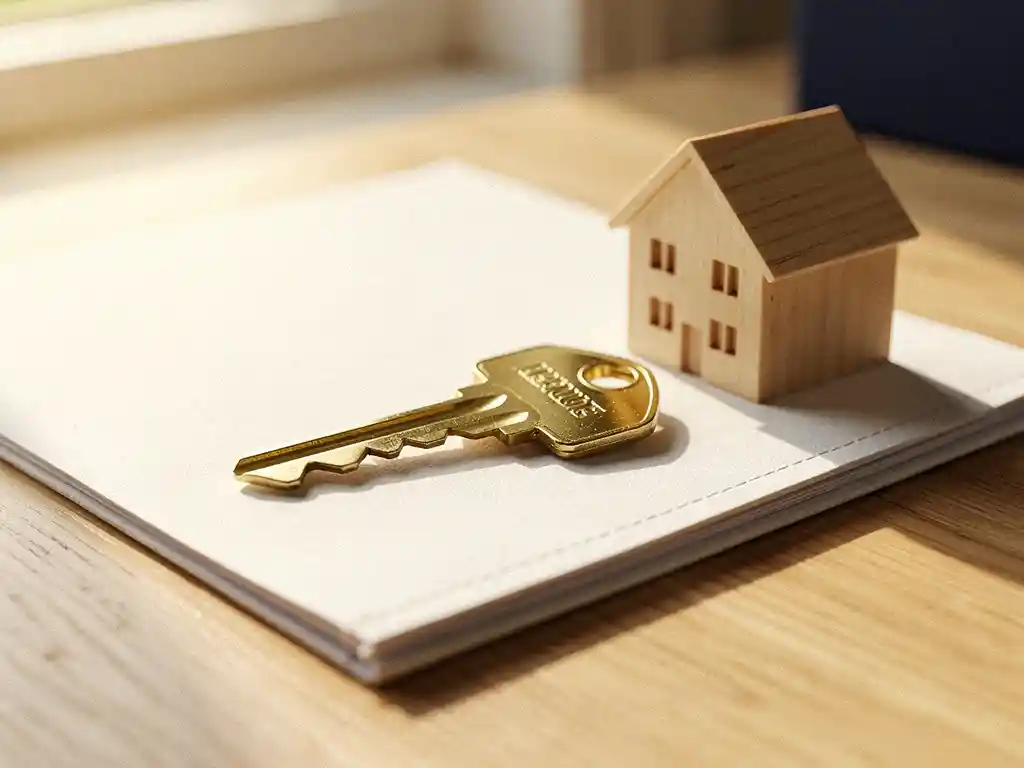 Glanzende messing huissleutel op witte hypotheekmapje naast houten miniatuurwoning op lichte eiken bureau.