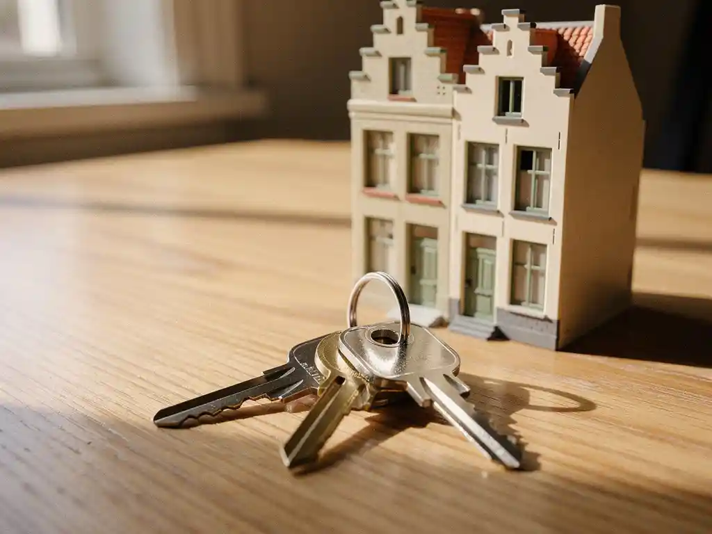 Glanzende huissleutels op houten ondergrond naast een miniatuurmodel van een Hollands grachtenpand, warm ochtendlicht.