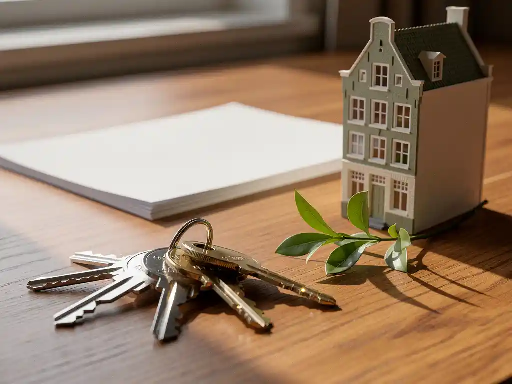Glanzende huissleutels op een houten bureau naast een miniatuur Hollands rijtjeshuis, gevouwen document en groen plantentakje in zacht natuurlijk licht.