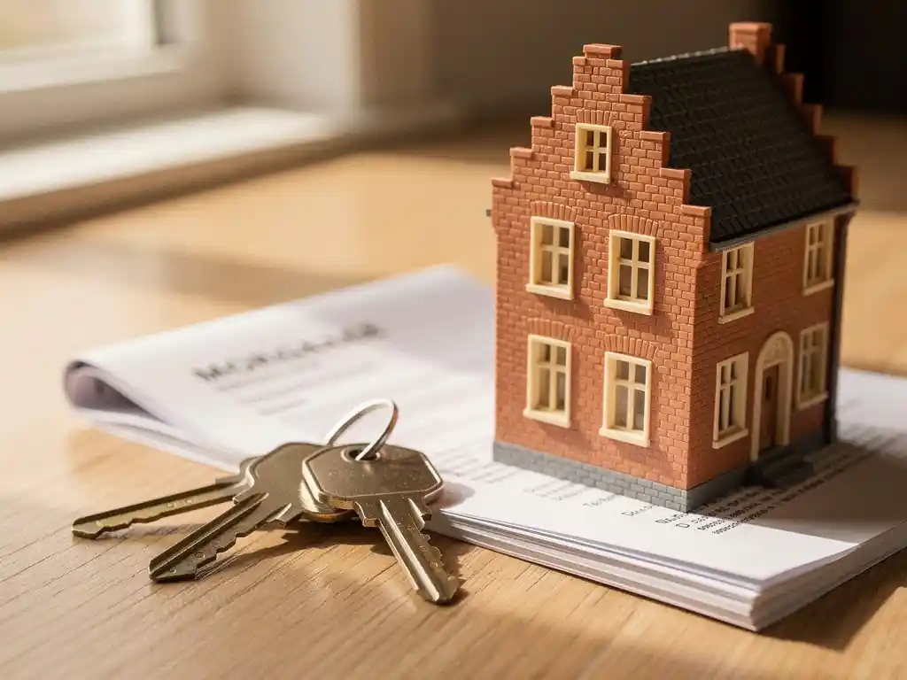 Huissleutels op houten tafel naast miniatuur Hollands bakstenen huisje en gevouwen hypotheekdocument, warm natuurlijk licht.
