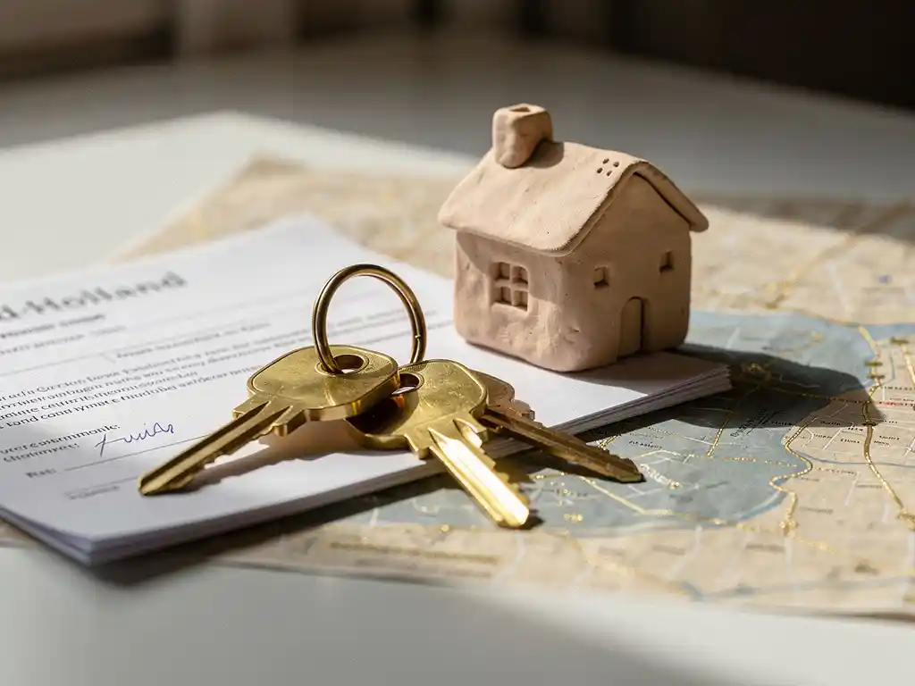 Glanzende messing huissleutels op een hypotheekdocument naast een miniatuur kleihuisje, met een kaart van Zuid-Holland op een wit bureau.