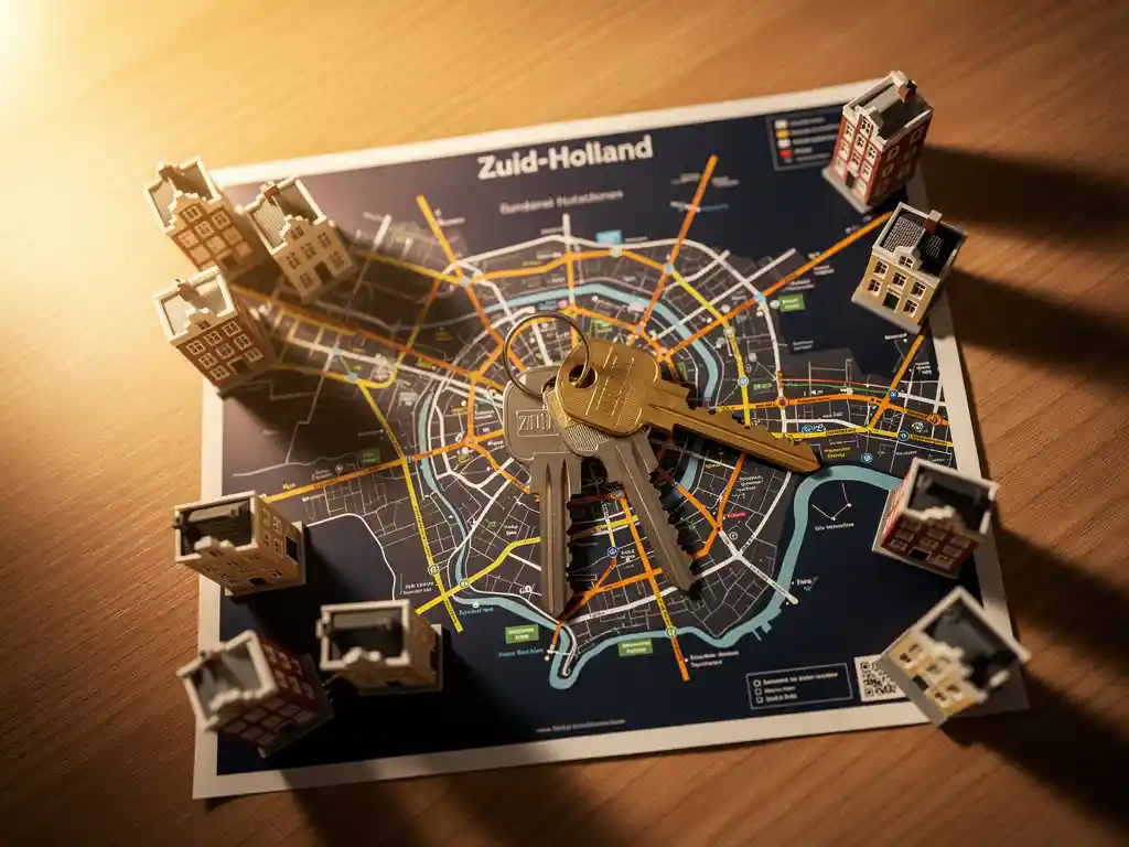 Glanzende huissleutels op een kaart van Zuid-Holland, omringd door miniatuur rijtjeshuizen op een houten bureau.
