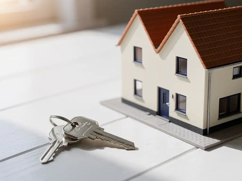 Glanzende huissleutels op wit houten oppervlak naast een schaalmodel van een Nederlandse starterswoning in warm ochtendlicht.