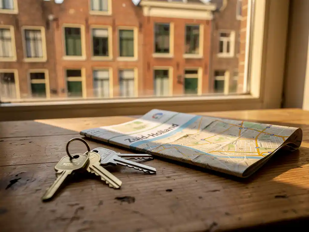 Huissleutels en gevouwen stadskaart van Zuid-Holland op houten ondergrond, met Nederlandse bakstenen rijtjeshuizen op de achtergrond.
