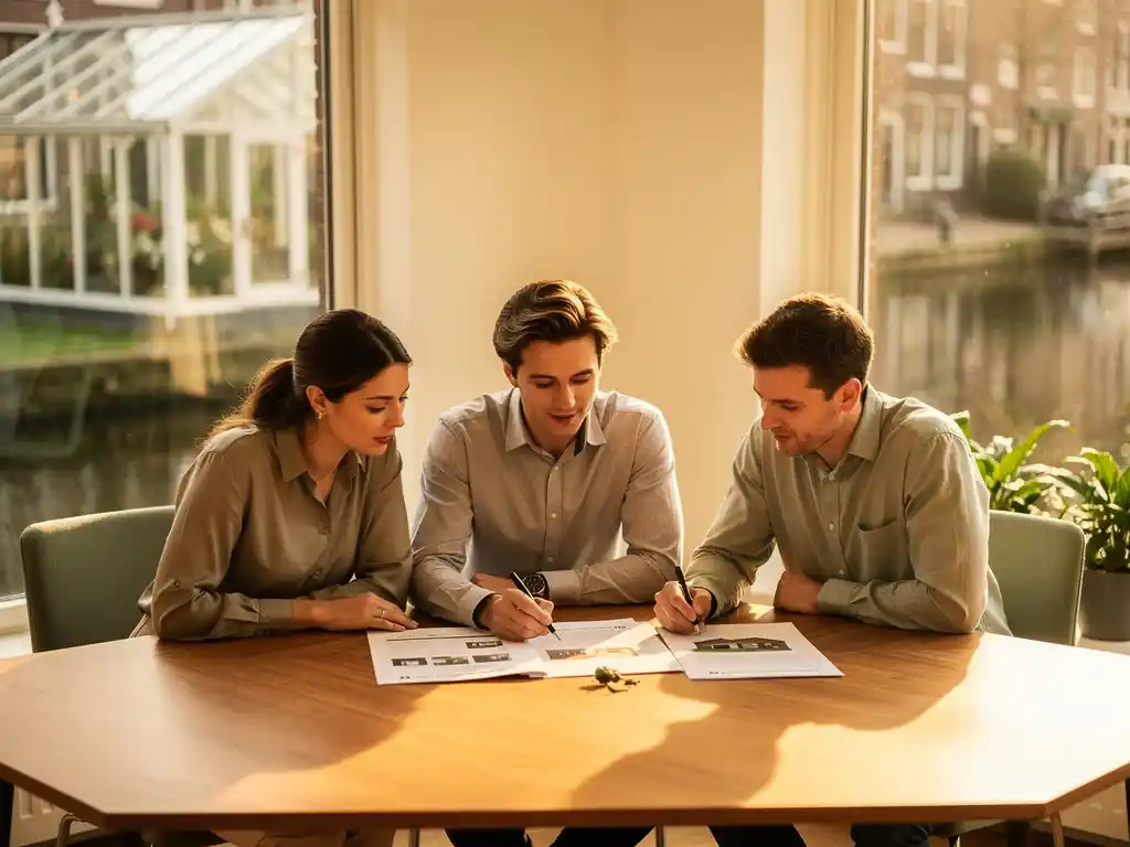 Jong stel bespreekt huisdocumenten met adviseur aan houten bureau, Boskoop kas en waterweg zichtbaar door raam.