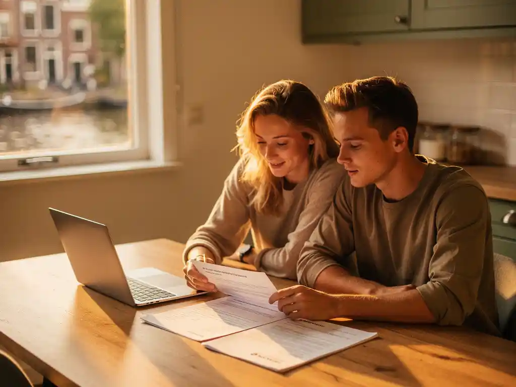 Jong stel bespreekt hypotheekdocumenten aan houten keukentafel in Nederlandse woning met grachtzicht.