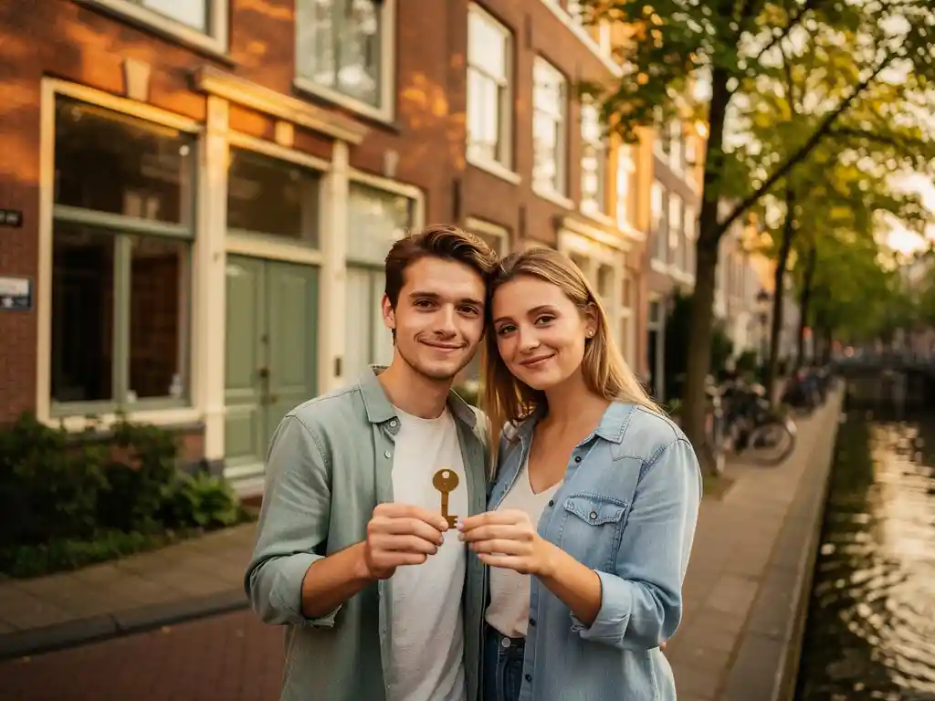 Jong stel houdt een messing huissleutel vast voor een Nederlandse bakstenen stadswoning met een te koop-bord in de tuin.